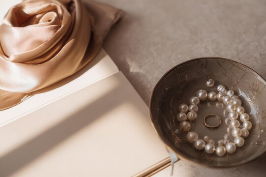 Elegant Jewelry Composition Pearls, Ring, Silk, and Notebook