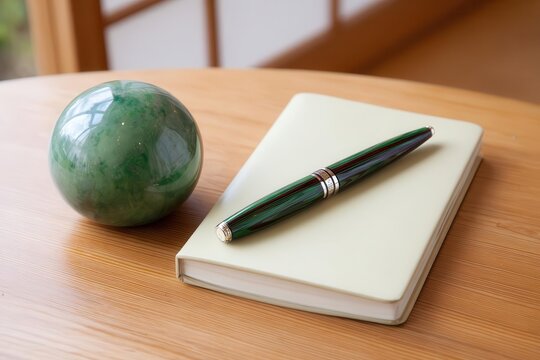 Elegant Jade Sphere, Green Pen, and Ivory Notebook on Wood