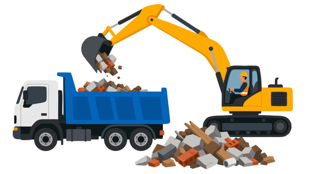A yellow hydraulic excavator scooping broken concrete rubble and bricks into the back of a blue dump truck, construction site debris clearance and recycling vector illustration on white backdrop