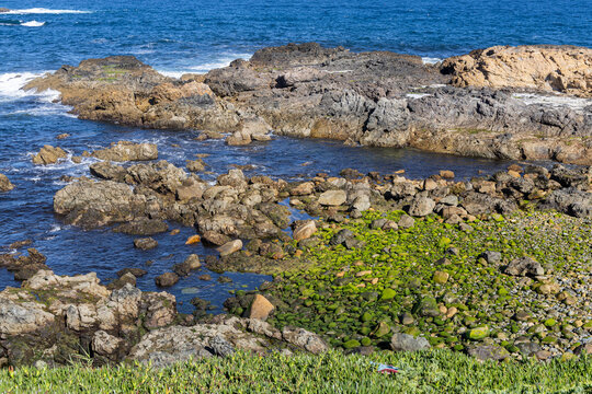 View of moss-covered rocks along the rugged coastline with ocean waves crashing against the shore in Sines, Setubal, Portugal.