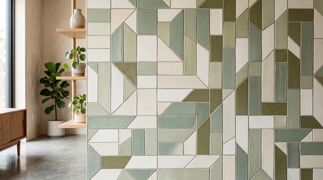 Geometric ceramic wall tiles in sage green and cream tones, modern mosaic tile backsplash, contemporary interior design with earth tone wall cladding