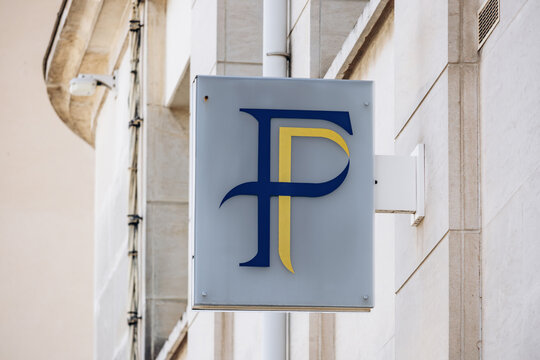 Libourne, France - July 14, 2026: Finances Publiques logo displayed on the facade of a French public finance and tax administration office in central Libourne.
