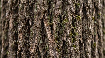 Obraz premium Rough tree bark texture with green moss, natural brown wood surface background, organic forest timber pattern for rustic design