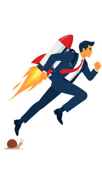 A determined businessman sprinting in a navy suit with a red and white rocket thruster strapped to his back, outpacing a slow crawl snail in a speed career vector illustration on white