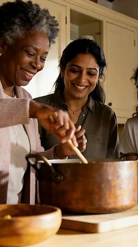Vertical video: Stirring copper pot elder in pink top serving and adult holding spoon in kitchen