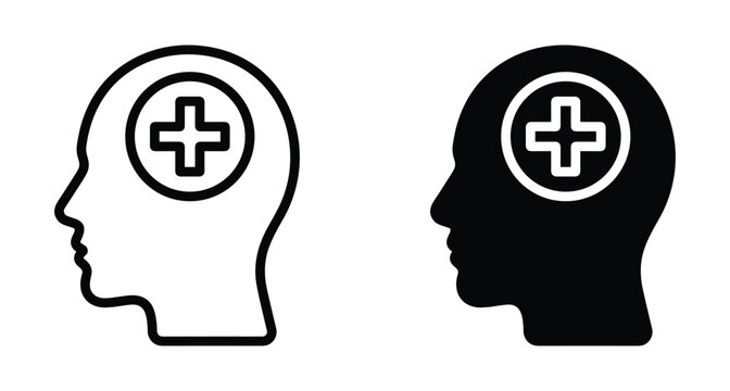 Mental health icon set featuring human head silhouettes with medical plus sign representing psychology therapy brain wellness and psychiatric care