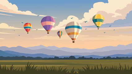 Fototapeta premium Daytime Landscape With Colorful Hot Air Balloons Flying Over Green Meadow And Mountains Flat Vector Background