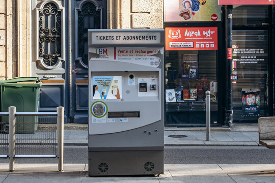 Bordeaux, France - July 14, 2026: TBM ticket vending machine for tram and public transport tickets in central Bordeaux