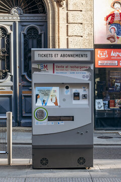 Bordeaux, France - July 14, 2026: TBM ticket vending machine for tram and public transport tickets in central Bordeaux