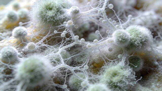 Extreme macro view of fungal mold colonies spreading across organic surface showing delicate white mycelium green spores spherical structures fine filaments dense microbial growth pale textures contam