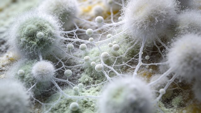 Extreme macro view of fungal mold colonies spreading across organic surface showing delicate white mycelium green spores spherical structures fine filaments dense microbial growth pale textures contam