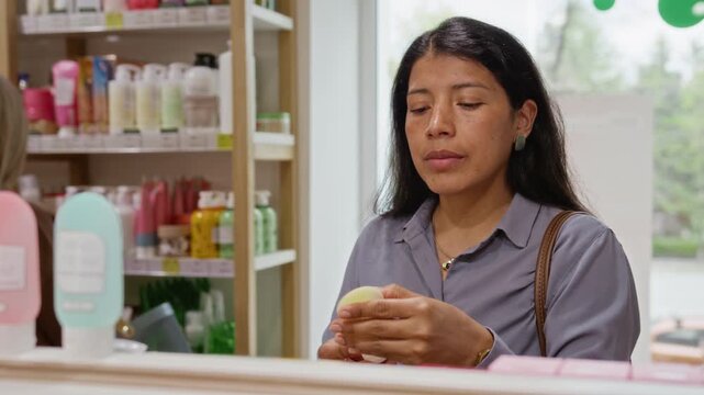 Hispanic young woman choosing and examining skincare lotion bottle in cosmetics shop. Clip fits beauty retail advertising, consumer behavior projects and skincare marketing campaigns
