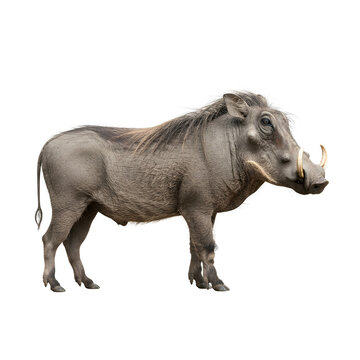 A profile view of a common warthog standing against a clean white background