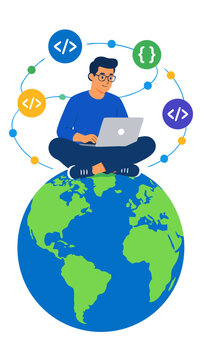 Vector illustration of a young software developer wearing glasses sitting on top of the planet globe while typing on a laptop computer with floating code icons on a clean white background
