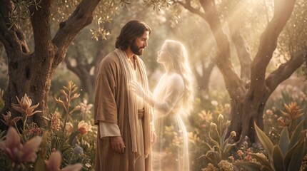 Fototapeta premium Jesus Christ gazes at a glowing spiritual woman in a tranquil garden. Golden light bathes the lush, ancient olive trees and abundant flowers.