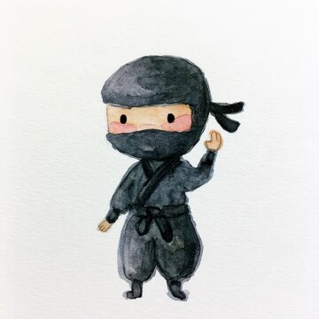 Chibi-style ninja character with black mask and bandana standing in neutral pose for children's media
