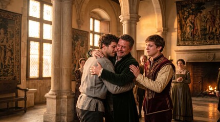 Obraz premium Prodigal son returns home as father embraces him with forgiveness in medieval castle hall. Young man in rags reunited with family in emotional scene.