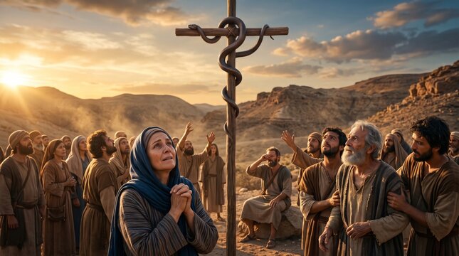 Woman praying near bronze snake on wooden pole in desert. Crowd of people gazing with faith at the serpent symbol at sunset. Biblical story of Moses and healing salvation concept.