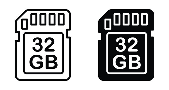 SD memory card icon set with thirty two gigabytes storage capacity in outline and solid black flat vector style