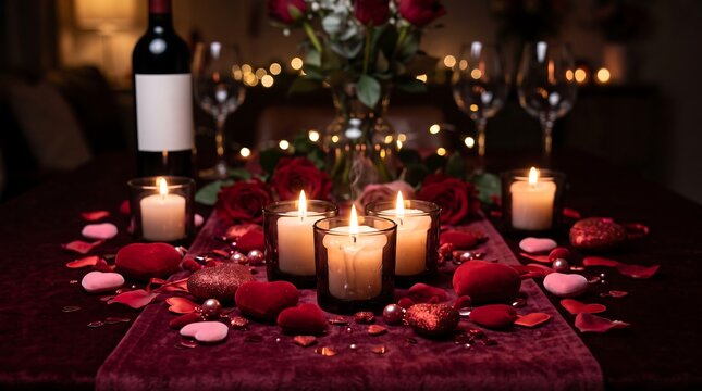 Romantic dinner table setting with red roses candles and hearts for valentines day evening date featuring wine bottle and glasses on dark velvet tablecloth background.