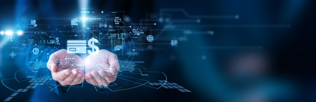 Bank officer holding the mobile device Digital Payment transaction processing contactless card transfer e-wallet online purchase secure payment system financial technology digital banking economy.