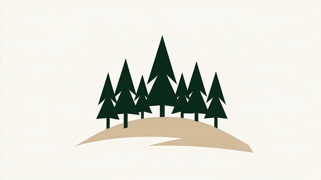 Dark green pine trees cluster illustration on light beige mountain terrain with clean copy space