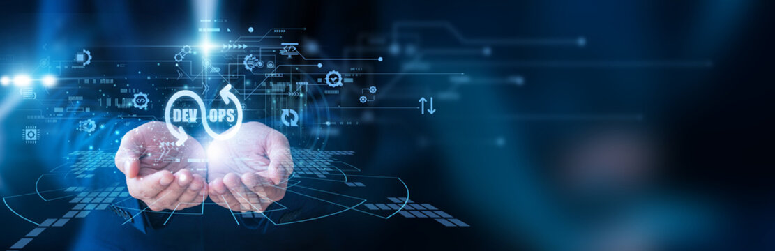 Engineer holding the code terminal DevOps system integration continuous delivery automation software deployment infrastructure monitoring team collaboration development operations technology workflow.
