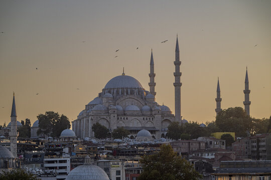 View of the Suleymaniye Mosque with its iconic domes and minarets silhouetted against the soft golden light of sunset over the historic urban rooftops of Istanbul, Istanbul, Turkiye.