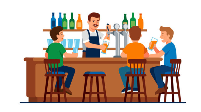 Flat vector illustration of a bartender pouring draft beer from a tap behind a wooden counter while three male customers sit on stools and chat, isolated against a solid white background
