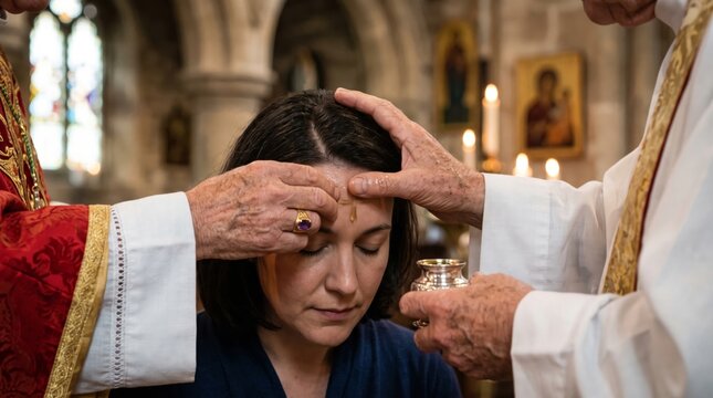 Priest anointing woman forehead with oil during religious ceremony in church. Sacred ritual of blessing with holy chrism in catholic tradition.