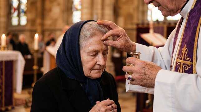 Priest anointing elderly woman with holy oil during sacrament in church. Senior woman in headscarf praying during catholic ritual ceremony. Faith, religion and blessing concept.