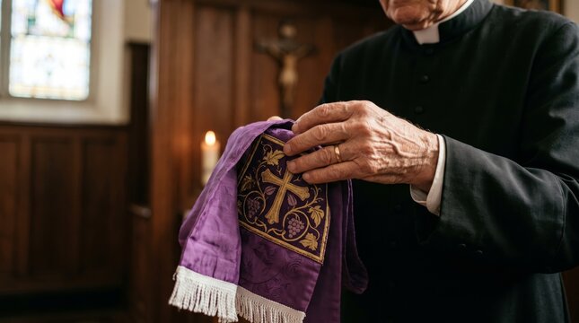 Elderly priest holding purple embroidered liturgical stole with golden cross in church. Senior man in cassock prepares vestments near candle and crucifix.