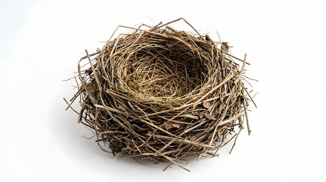Handmade bird nest made of twigs and green leaves