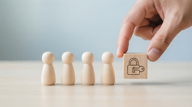 Digital security and data protection concept, a hand placing a wooden block with a padlock and key icon next to a row of wooden human figures, symbolizing user privacy and access control for