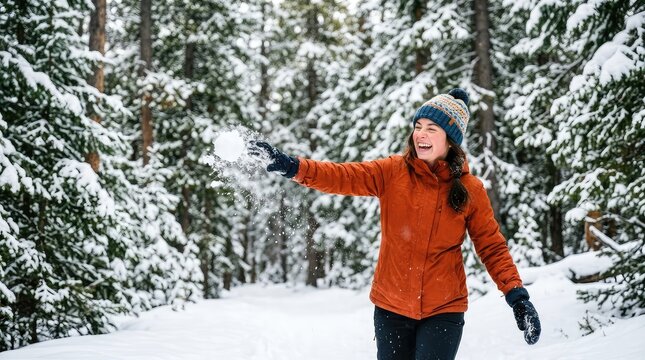 A group of friends engages in a lively snowball fight within a dense, snowy forest, laughing as they throw freshly packed snow through the crisp winter air, freezing, game, together