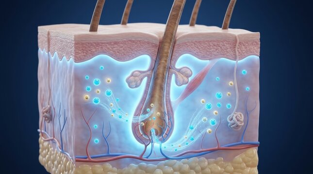 Intricate 3d depiction of human skin structure showcasing hair follicles and sebaceous glands