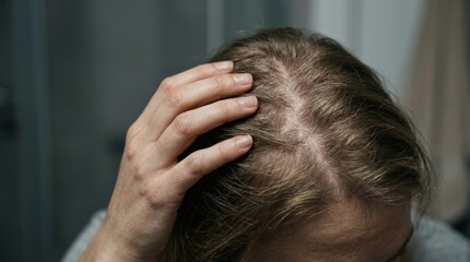 Fototapeta premium Close up of a woman's scalp showing thinning hair and hand gently touching the hairline in natural light