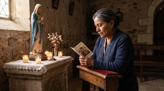 Senior woman praying with prayer card beside Virgin Mary statue in old stone chapel. Lit candles and flowers adorn church altar.