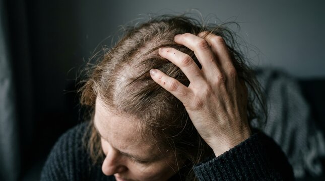 Woman struggling with hair loss expressing emotions of frustration and concern in a somber indoor setting