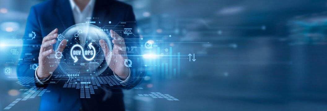 Engineer holding glowing dashboard DevOps integrating development and operations for faster delivery. Automation improves workflows enhancing system reliability and continuous deployment efficiency.