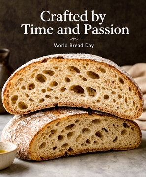 A halved ciabatta loaf showing open crumb texture on a marble surface. Crafted by Time and Passion for World Bread Day concept.
