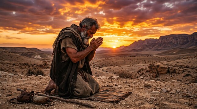 Old bearded man praying on knees in desert at sunset. Pilgrim in biblical robe with folded hands in dramatic rocky landscape.