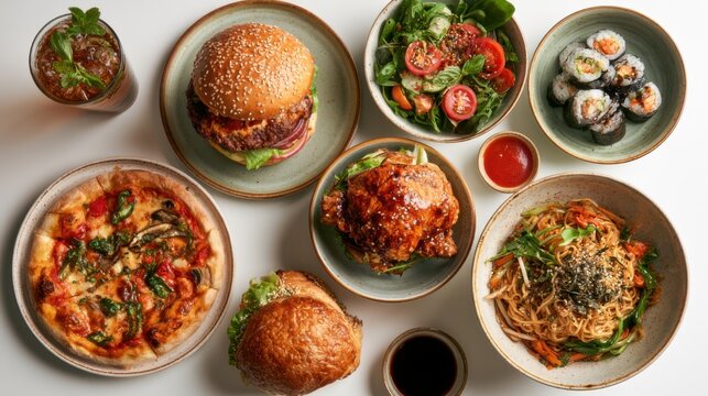 Various dishes served on a table in a restaurant setting