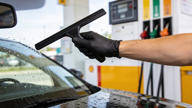 Automotive technician cleaning windshield with professional black squeegee during vehicle detailing service water droplets covering glass gloved hand holding cleaning tool at fuel station car care