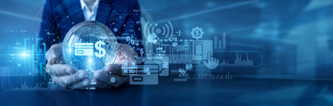 Financial manager hold global and Digital Payment transfer network processing online transactions worldwide ensuring secured data remittances. Modern checkout strategy advancing brand profits.