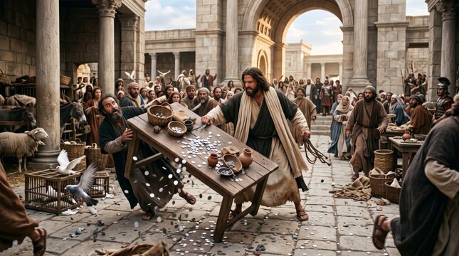 Jesus Christ overturning table of money changers in Jerusalem temple. Angry merchant watches coins scatter across stone pavement as crowd reacts.