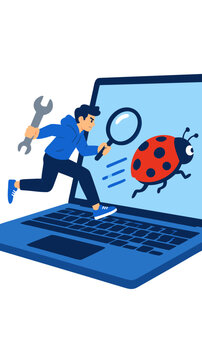 A young programmer runs across a giant laptop keyboard holding a wrench and magnifying glass to catch a red spotted bug on the screen on a white background, software debugging vector illustration