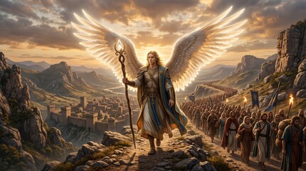 Fototapeta premium Archangel with white wings holding staff leads crowd of pilgrims along mountain path toward ancient city. Biblical scene of divine guidance at golden sunrise.