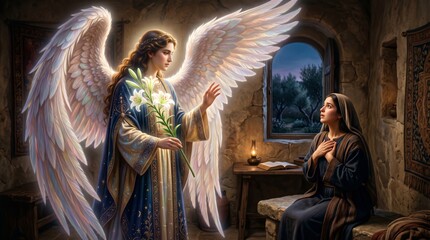 Fototapeta premium Angel Gabriel with white lily announcing to virgin Mary in ancient stone house. Biblical annunciation scene with glowing wings and candlelight.