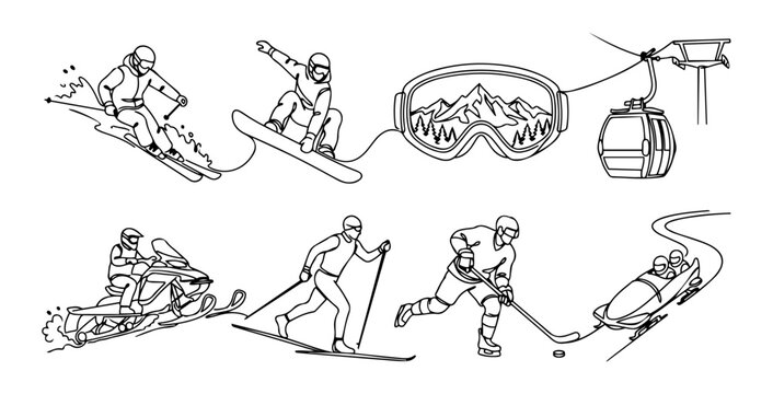 Winter sports continuous line art illustration set with skiing and snowboarding